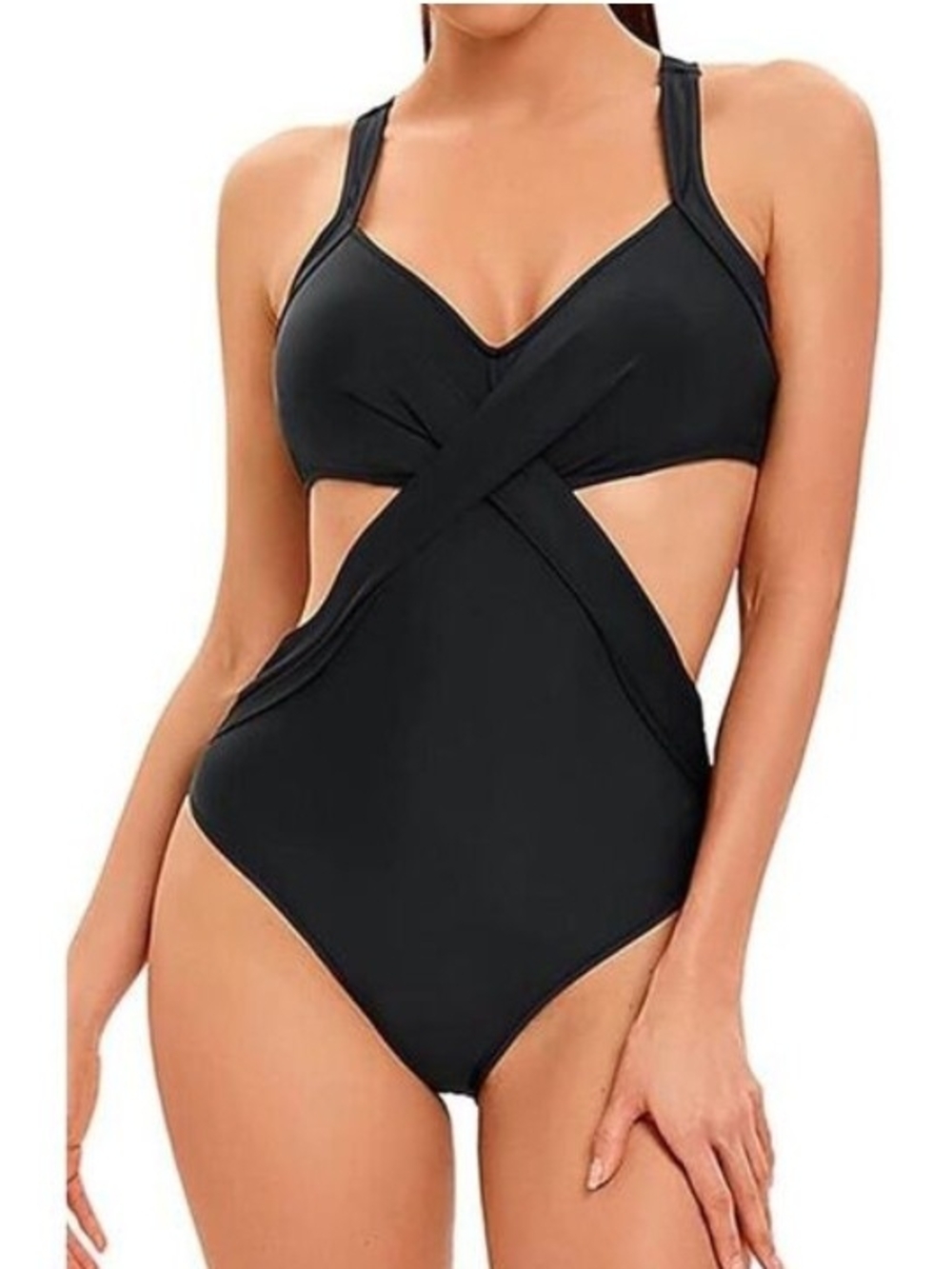 Women’s Black Crisscross One-Piece Swimsuit Sz L NEW!